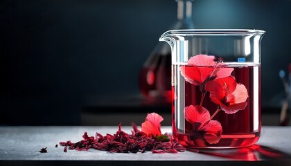 Hibiscus Tea Infusion in Laboratory Beaker and Dried Flowers