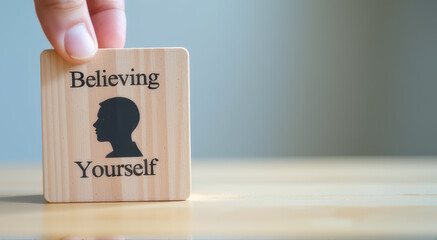 Hand holds wooden block with silhouette of head and words Believing Yourself, conveying message of self confidence and motivation. background is softly blurred