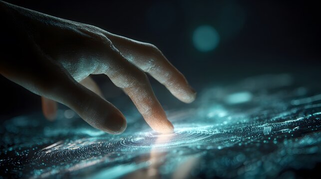 Human hand gently interacts with a glowing digital surface, highlighting the concept of data processing, technology, and innovation within a futuristic, abstract environment illuminated with bright...