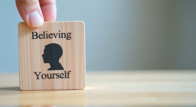 Hand holds wooden block with silhouette of head and words Believing Yourself, conveying message of self confidence and motivation. background is softly blurred