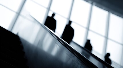 People walking up stairs in modern glass building, upward growth symbolism,