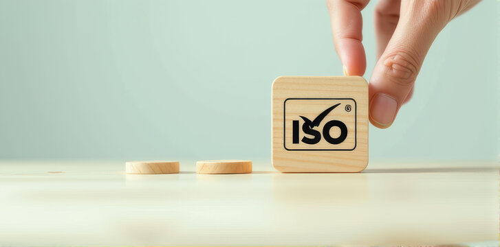Hand holding wooden block with ISO certification symbol, representing quality assurance and standards. block is placed on light wooden surface, conveying sense of reliability and trust