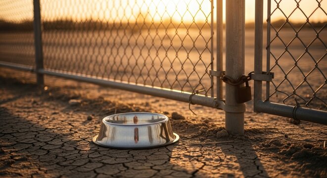 Empty Dog Bowl Locked Behind Chain Link Fence at Sunset with Cracked Earth Background - Powered by Adobe