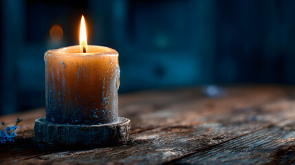 burning church candle in front of a wooden background isolated over elegant, minimalistic navy blue empty interior; all saints day concept