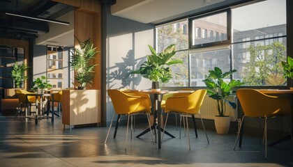 Fototapeta premium Bright Spring Office Break Area with Yellow Chairs Green Plants and Sunlit Large Windows