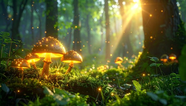 Sustainable forest habitat illuminated by natural luminescence, glowing mushrooms and green vines radiating magical vitality and harmony, - Powered by Adobe