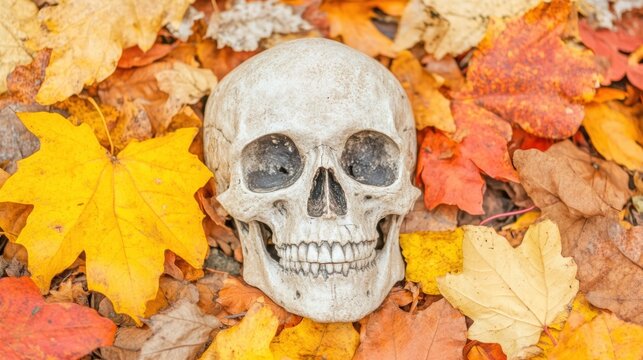 Skull resting among colorful autumn leaves in a forest setting