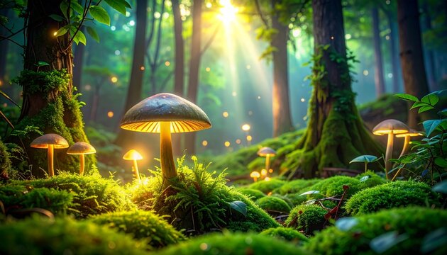Sustainable forest habitat illuminated by natural luminescence, glowing mushrooms and green vines radiating magical vitality and harmony,