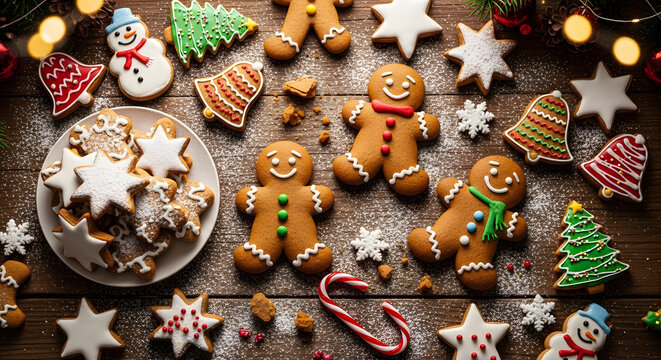 Festive assortment of delicious gingerbread cookies and holiday decorations on a rustic wooden table