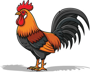 Cartoon rooster illustration, farm animal, red comb, black tail feathers, proud stance, rural icon, poultry bird, flat vector art, isolated livestock symbol