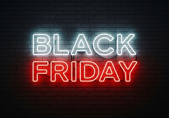 Bright neon sign glowing against a dark brick wall, announcing the black friday sales event with vibrant white and red illumination