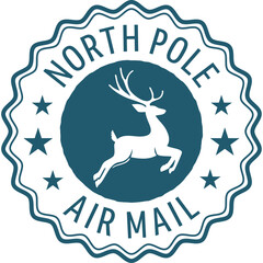 North Pole Reindeer Christmas Vintage Postage Stamp Vector Illustrations, Festive Travel Sticker for Christmas Delivery Graphic Elements