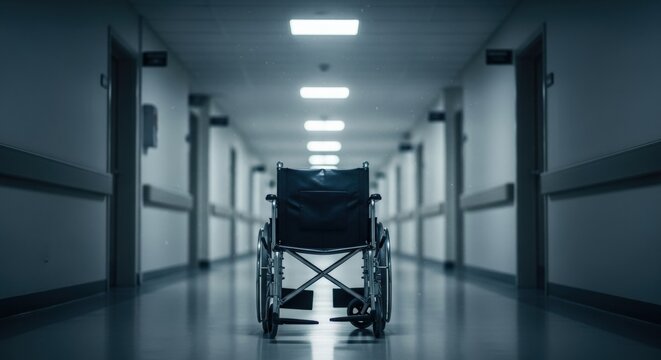 Empty Wheelchair Awaiting Patient in Dimly Lit Hospital Corridor Loneliness and Illness