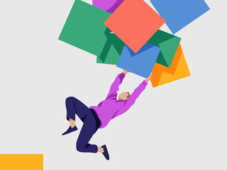 A dynamic illustration shows a person energetically balancing colorful geometric shapes, symbolizing challenges and the pursuit of creativity amidst chaos and change. © jianbin