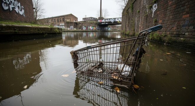 Old abandoned shopping cart submerged in dirty canal water with reflections of buildings