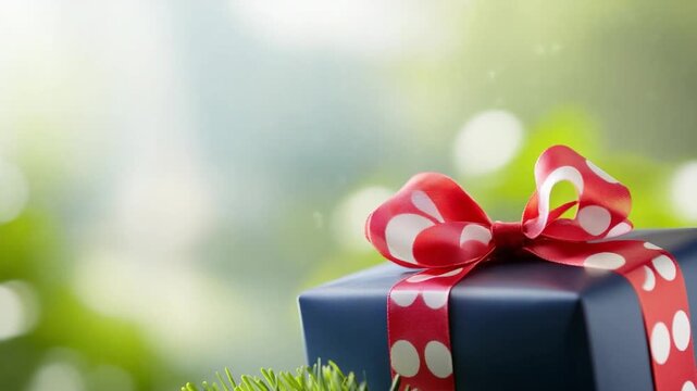 Gift Box in Nature: A beautifully wrapped gift box sits amidst a lush outdoor scene, a red polka-dot bow accentuating its presentation, evoking feelings of anticipation and happiness.
