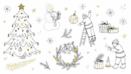Whimsical hand drawn christmas elements featuring a tree snowman and festive decorations