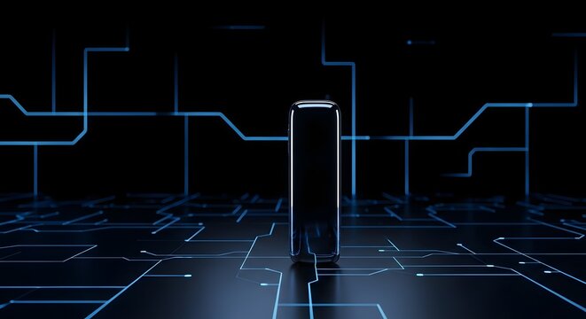 Abstract technology background with an arrow-filled blue digital monitor displaying a heartbeat graph and medical data for health and business