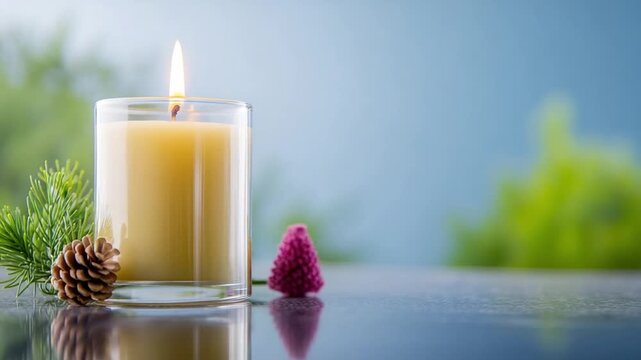 Candle's Serene Glow: A burning candle in a clear glass emanates a warm, inviting light. A pinecone and small decorative tree complement the tranquil scene.