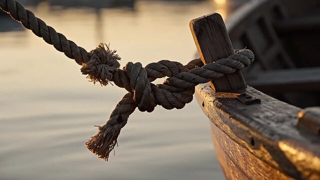 Dory painter knot loops on wooden peg, gentle swing above still water.