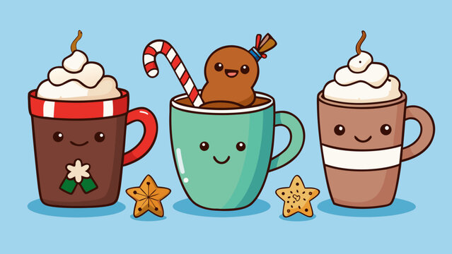 Cute kawaii christmas hot chocolate and gingerbread cookie characters with star cookies