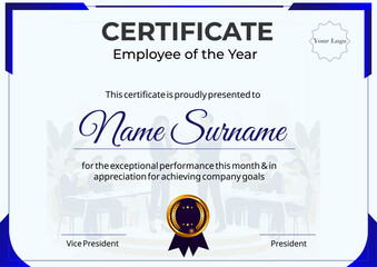 Blue Border with Office Illustration and Seal certificate for employee recognition