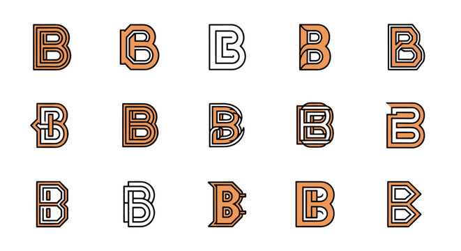 Set of 15 stylized letter B monograms and logos in a modern, geometric, and abstract design style, featuring clean lines and a sophisticated color palette of orange and white, perfect for branding - Powered by Adobe