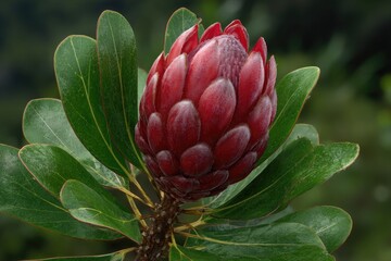 Red Protea Flower Bud with Green Leaves crimson
