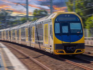 Fototapeta premium Passenger Train going through Summer Hill train station a suburban Sydney train Station NSW Australia