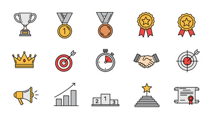 A vibrant collection of simple, flat-design icons representing awards, achievements, and success, perfect for business, sports, and lifestyle themes. Includes trophy, medals, crown, target