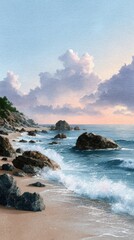 Rocky Beach Shoreline with Crashing Waves at Sunset