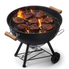 Seven beef patties cooking on a charcoal grill with flames