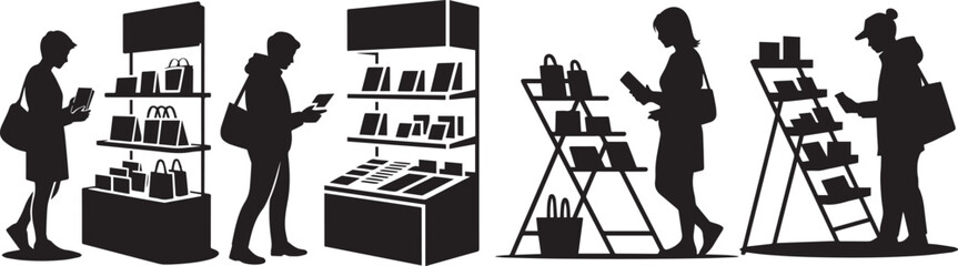 Silhouettes of people shopping looking at products on shelves in a store area