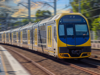 Fototapeta premium Passenger Train going through Summer Hill train station a suburban Sydney train Station NSW Australia