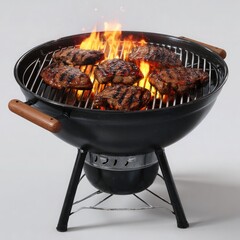 Six steaks grilling over open flames on a black charcoal barbecue