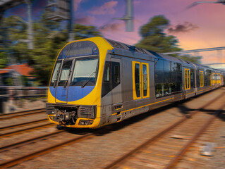 Fototapeta premium Passenger Train going through Summer Hill train station a suburban Sydney train Station NSW Australia