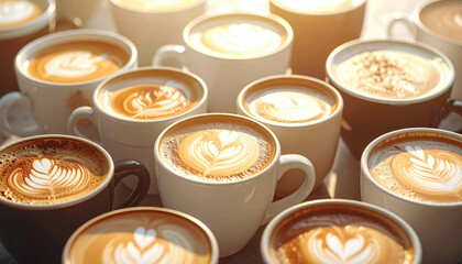 Variety of coffee cups with intricate latte art designs are displayed in warm sunlight, creating cozy and inviting atmosphere. frothy patterns add artistic touch to beverages