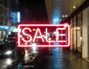 A glowing red neon sale sign seen through a window with raindrops on a blurry city street at night.