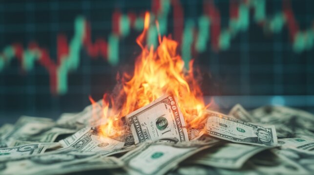 Money burning in flames on a dark background with financial charts
