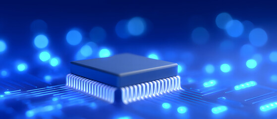 Blue tech chip background with circuit and data elements