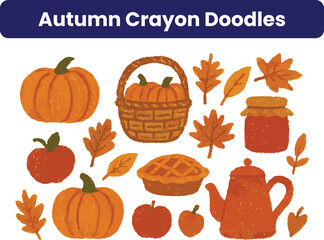 Autumn Crayon Doodles Collection Cute Hand Drawn Fall Illustrations with Pumpkins Leaves Acorns Teapots Candles Cups Socks Pies Jam Frames and Cozy Seasonal Elements for Stickers Posters and Digital D
