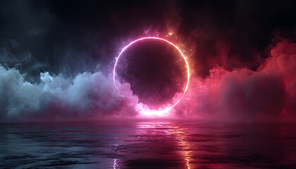 Sci-fi futuristic neon background space, light circle in the center, rays and lines, reflection, smoke.