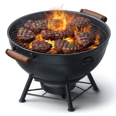 Steaks grilling on charcoal barbecue with flames meat