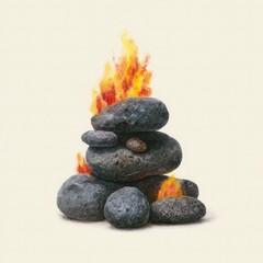 Stacked dark gray stones with bright orange and yellow flames
