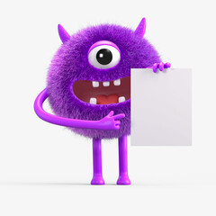 Fluffy, cute monster holds a blank sign, symbolizes information and advertising display. 3D rendering, conceptual image. Isolated on white background.