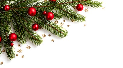 Christmas fir tree branch with red baubles isolated on white background