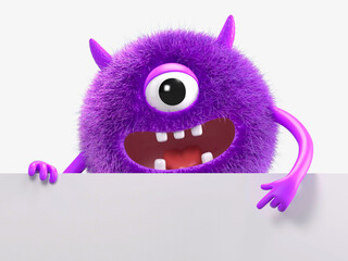 Fototapeta premium Fluffy, cute monster holds a blank sign, symbolizes information and advertising display. 3D rendering, conceptual image. Isolated on white background.