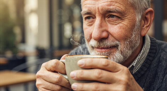 Elderly man enjoying a warm beverage while relaxing outdoors in cafe   - Powered by Adobe