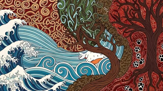 Animated Abstract Art: Waves, Trees, and Mythical Creature Journey