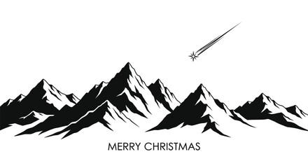 Minimalist black and white silhouette of majestic mountain peaks under a starry sky with a shooting star and merry christmas text